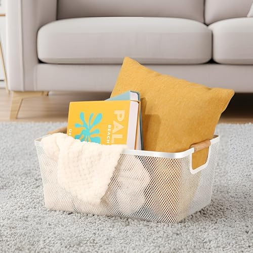 Ziliny 4 Pcs Mesh Wire Baskets for Organizing, Extra Large, Cream White