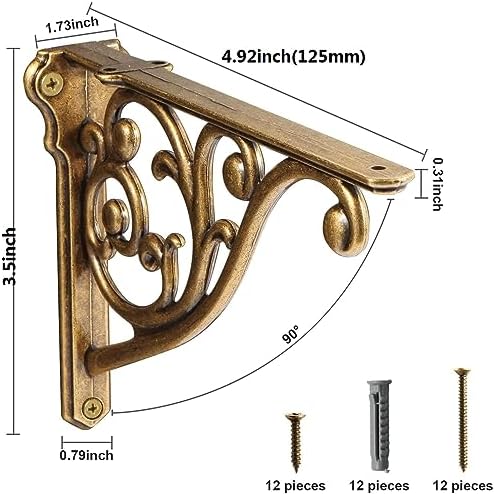 Khtumeware Ornate Decorative Shelf Brackets, 5x3.5 inch Small wall Mounted Shelving Bracket, 2 Pack Antique Brass Vintag