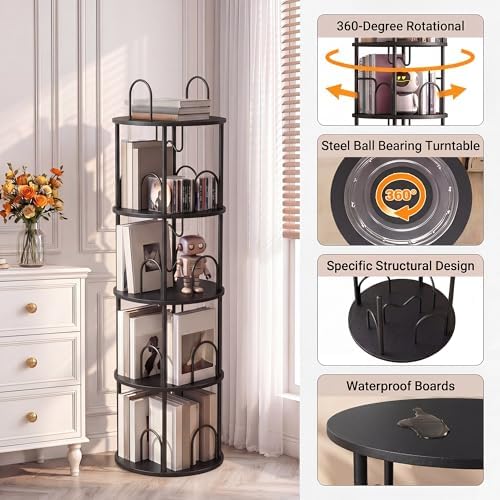4 Tier Rotating Bookshelf, 360° Spinning Bookshelf Tower, Narrow Corner Book Shelf, Revolving Bookcase Corner Tall Book 