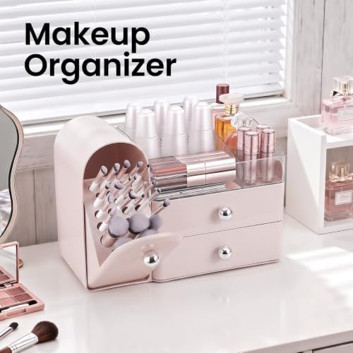 Makeup Organizer Countertop with Makeup Brush Holder,Pink