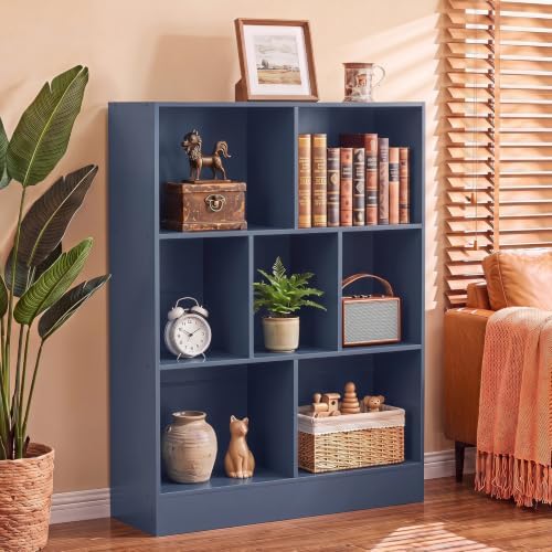 YAHARBO 3 Tier 7 Cube Mini Thin Bookshelf,Short Shallow Bookcase,Dark Blue