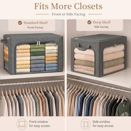 GoMaihe Clothes Storage Bins with Metal Frame for Blanket 3 Pack 66L Grey