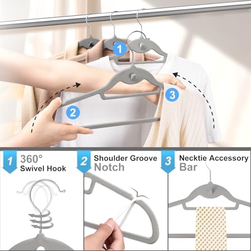 Velvet Felt Stackable Hangers 50 Pack, Thin & Space Saving, Gray