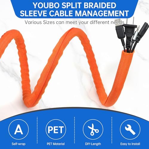 Split Braided Cable Sleeve，Flexible Wire Loom Tubing, Automotive Cord Protector Pet Proof, Cable Management for Computer