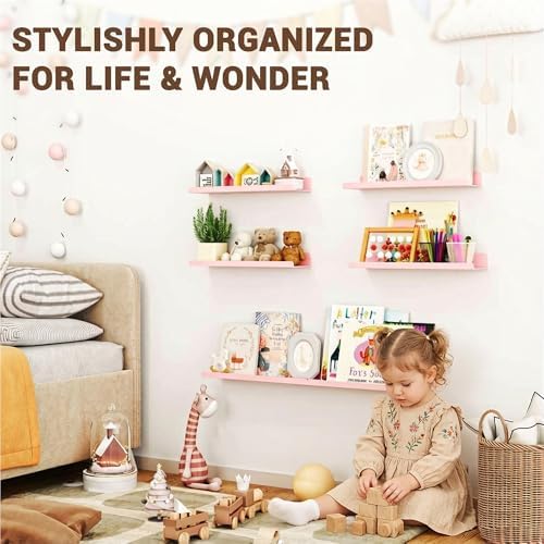 Qukaka 15" Floating Shelves for Wall, 3 Pack Pink Display Ledges