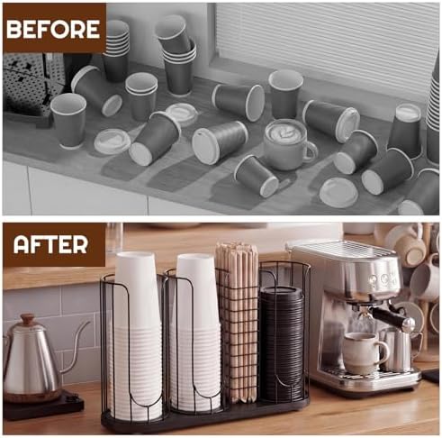 Geelin 18oz Adjustable Coffee Cup Dispenser with Wooden Base, Cup and Lid Holder, Cups Holder Organizer for Coffee Pod S