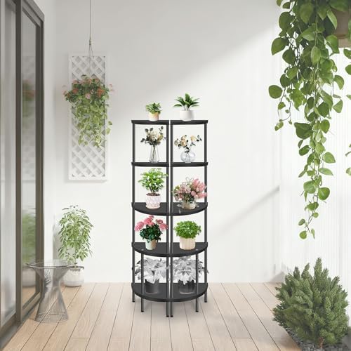 Qupui 5 Tier Plastic Corner Shelf Stand, 54” Tall 90° Right Angle Corner Bookshelf, Multipurpose Plant Display Rack, Hom