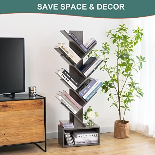 Yoobure Tree Bookshelf - 6 Shelf Retro Floor Standing Bookcase, Tall Wood Book Storage Rack for CDs/Movies/Books, Utilit