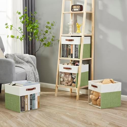 Bagnizer Storage Cubes, 4 Pack Linen Foldable Storage Bins with Clear Window and 2 Handles, 13x15x13 for Shelf Closet, Kallax, Clothes, Books - Green/Off-White