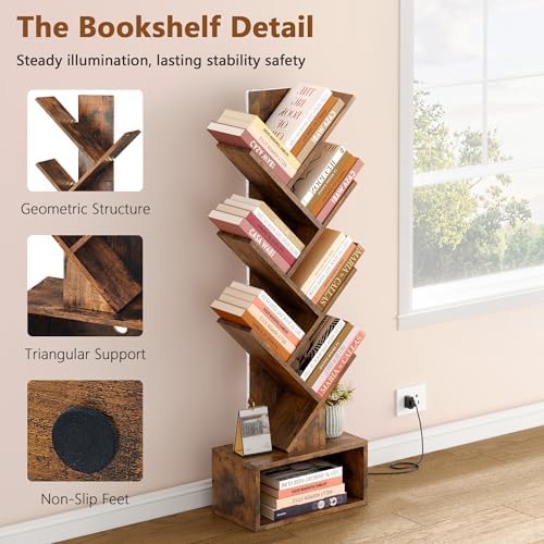 Hoctieon 6 Tier Tree Bookshelf, Tall Bookcase, Freestanding Book Shelf with LED Lights, Display Floor Standing Storage S