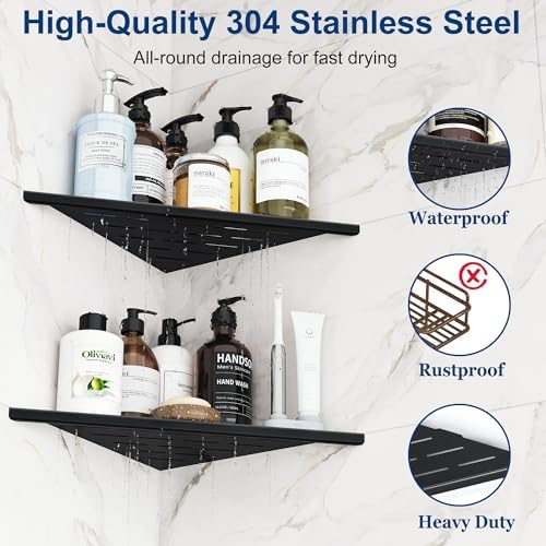 Qeke 12" Corner Shower Shelves 304 Stainless Steel, Matte Black, 2 Pack