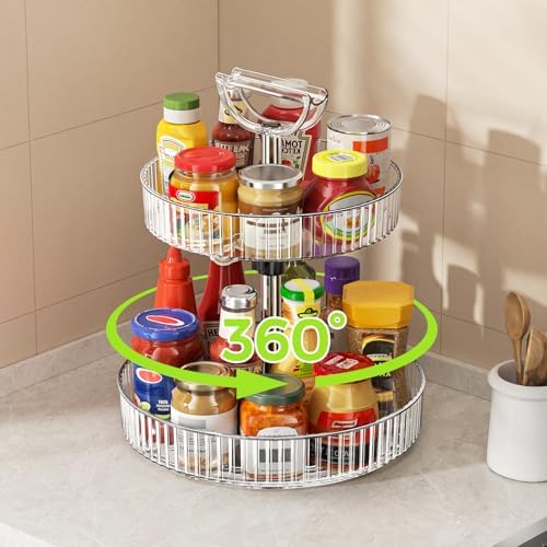 2-Tier Rotating Organizer with Handle – Adjustable Shelf, 360° Lazy Susan Turntable for Kitchen Countertop, Bathroom, Pa