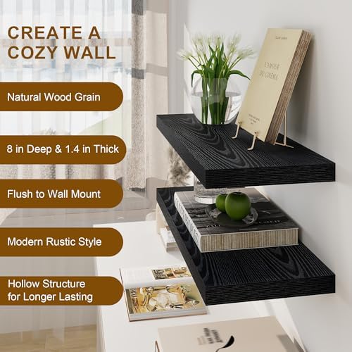 Fun Memories Rustic Black Floating Shelves 24 Inch Long, 8 Inch Deep Floating Shelf, 24 x 8 Wall Shelves Set of 2, Deep 