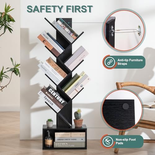 Yoobure Tree Bookshelf, 6 Tier Small Book Shelf Retro Floor Standing Bookcase, Wood Book Storage Organizer Rack, Tall Na