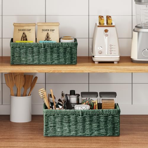 Vagusicc Wicker Storage Basket, Set of 2 Hand-Woven Paper Rope Wicker Baskets for Organizing Decor Storage Bins for Coun
