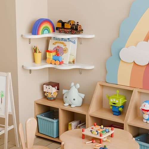 Cute Cloud Corner Shelves - Set of 2 White Wooden Floating Corner Shelves Wall Mounted, 90-Degree Space-Saving Nursery S