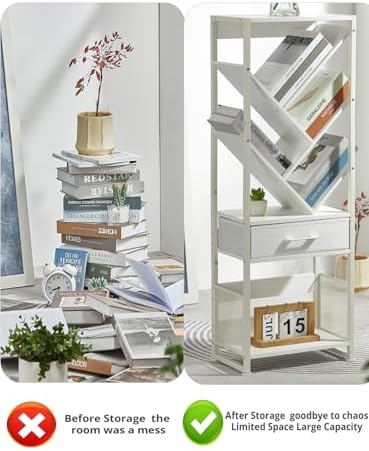 Bookshelf with Drawer,8 Tier Tree Bookcase Retro Floor Standing Bookshelves,Tall Wood Bookcases with Cabinet Storage Org