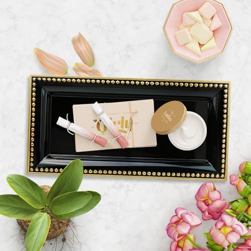 2 Pack Black Bathroom Vanity Tray for Countertop with Beads, Small Plastic Toilet Tank Versatile Storage Organization Tr