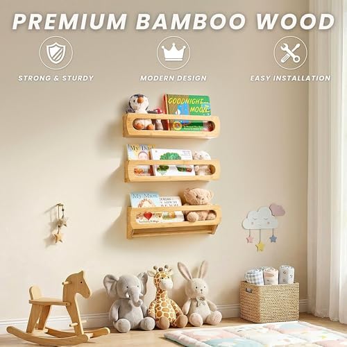 Nursery Shelves for Wall, Premium Bamboo Wood, Fully Assembled - Nursery Book Shelves, Book Shelf for Kids Rooms, Multi-