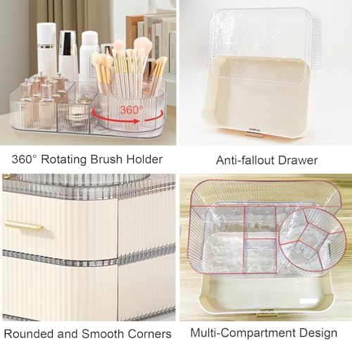 DASITON Makeup Organizer with Drawers and Rotating Makeup Brush Holder,Large Capacity Stackable Cosmetic Organizer Count