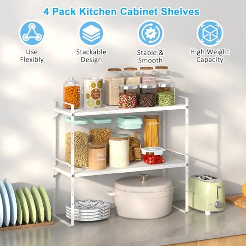15.5 to 25.5 Inch Kitchen Cabinet Shelf Organizers, Adjustable Kitchen Counter Shelf Organizer, Set of 4 Expandable Coun