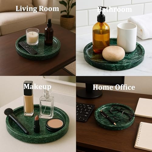 Round Marble Vanity Tray - Diameter 7.87" Natural Green Stone Tray for Bathroom Perfume Jewelry Makeup - Decorative Marb
