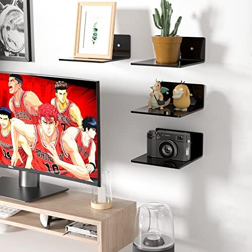 Sezanrpt 6 Inches Acrylic Small Wall Shelves 2 Pack, Floating Shelf for Wall Mounting, Acrylic Display Ledges for Funko Pop Figures, Home Décor, Living Room, Gaming Room, Plants(6 inch, Black)
