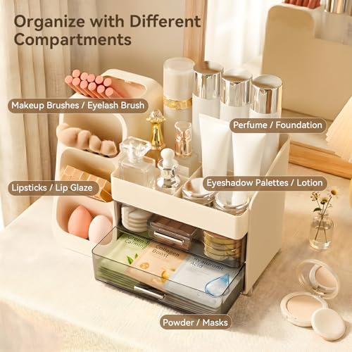 Makeup Organizer for Vanity with Brush Holder and 2 Drawers, Cream