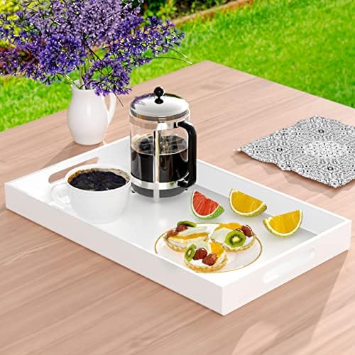 NIUBEE Acrylic Serving Tray 12x20 Inches -Spill Proof- White Decorative Tray Organiser for Ottoman Coffee Table Countert