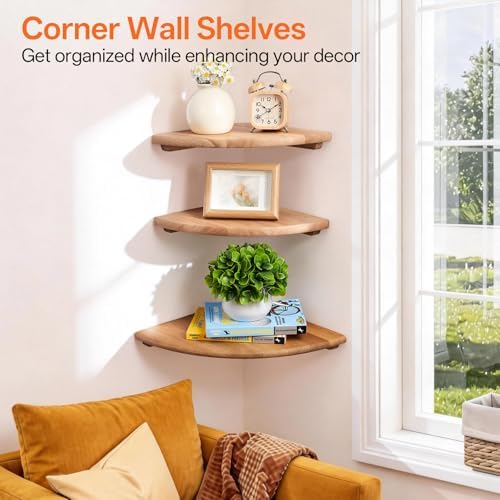 Gieanoo Corner Floating Shelf 7inch Solid Oak Wood Floating Corner Shelf with Wire Hole Corner Wall Mount Storage Displa