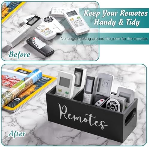 DRASTAR Remote Control Holder, Wood TV Remote Holder, Remote Storage Caddy, Remote Control Organizer (Black, 3 Slots)