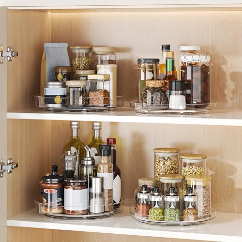 4 Pack Clear Lazy Susan, 9+10 Inch Turntable Organizer, Non-Skid Rotating Tray for Cabinet, Kitchen Pantry Organization 