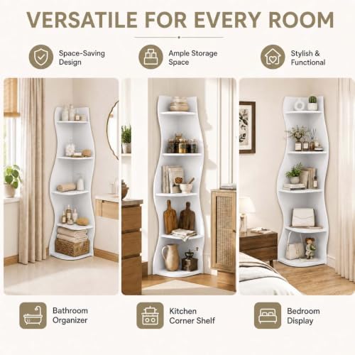 HRVEOCEI 5-Tier Wavy Corner Shelf with Curvy Shape for Small Space, White