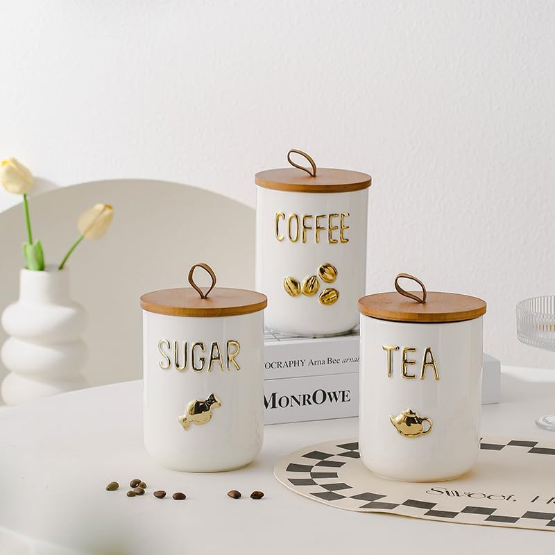 Comeon Ceramic Canister Set with Airtight Seal Bamboo Lid Silicone, 27oz Food Storage Jars for Coffee Sugar Tea, Contain