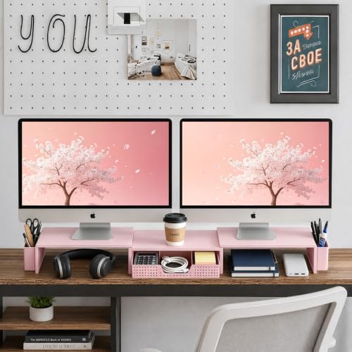 LEKETREE Dual Monitor Stand Riser with Drawer and 2 Pen Holders, Pink