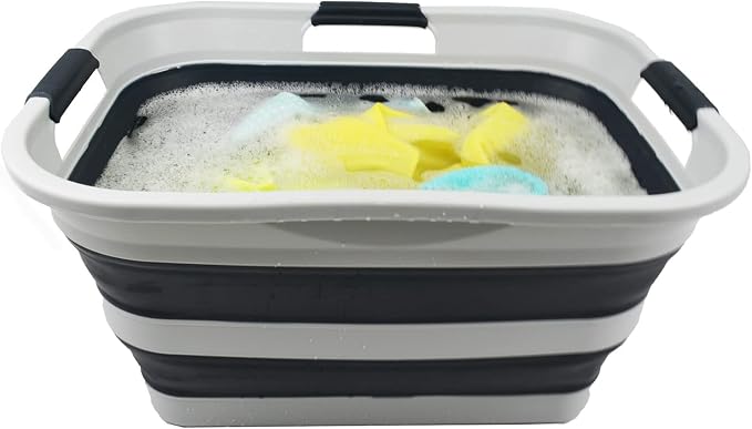 SAMMART 30L(8 gallon) Collapsible Plastic Laundry Basket - Foldable Pop Up Storage Container/Organizer - Space Saving Hamper/Basket - Water Capacity 24L(6.3 gallon) (1, Grey/Slate Grey)