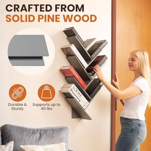 7-Tier Wall Mounted Book Organizer - Grey Pine Wood Book Tree for Bedroom