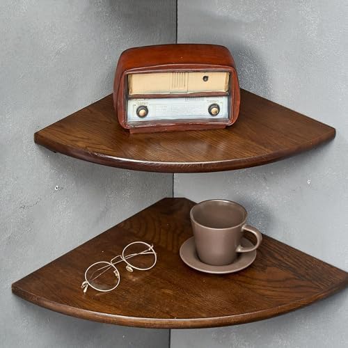 Corner Shelves, Floating Corner Shelf, Set of 2 12inch Solid Oak Wood Corner Wall Shelves, Round End with Wire Hole for 