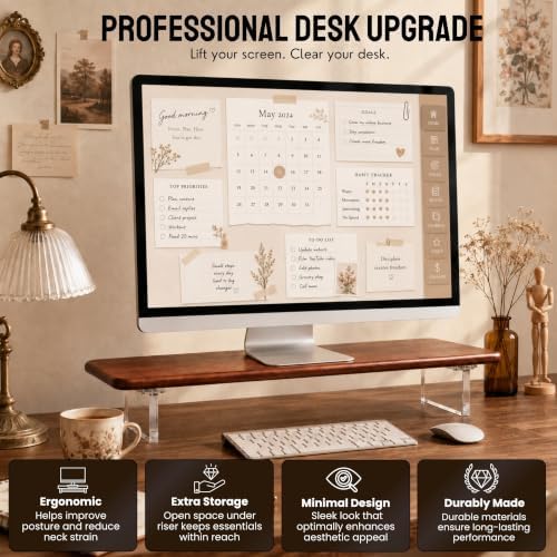 Bamboo Monitor Riser, Wide Desktop Monitor Stand for Desk with Clear Acrylic Legs, 31.5 x 8" Bamboo Wood Shelf, Fit Keyb