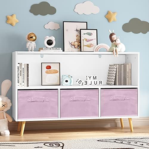 Girls Bookshelf Kids Bookcase with Collapsible Fabric Drawers, Pink Bookshelf Children's Book Display,Toy Storage Cabine