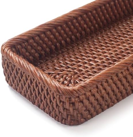 Rattan Bathroom Vanity Trays Toilet Tank Baskets Long Narrow Hand Towel Storage Basket for Storage, Decorative (Honey Br