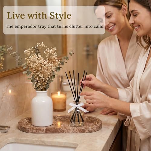 Light Emperador Marble Vanity Tray for Bathroom Counter, 10"x5" Decorative Tray for Perfume, Candles, Stone Jewelry Dish
