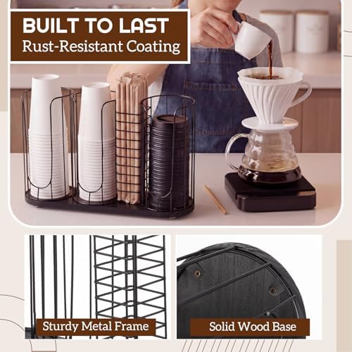 Geelin 18oz Adjustable Coffee Cup Dispenser with Wooden Base, Cup and Lid Holder, Cups Holder Organizer for Coffee Pod S