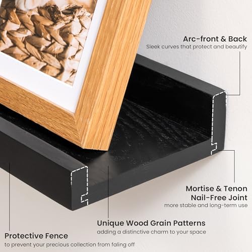 Acovy Solid Ash Wood Picture Ledge Shelf, 24 Inch, Black, Set of 2