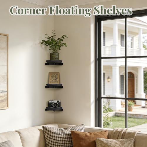 BXF Floating Plant Shelves for Wall Set of 3, Heavy Duty Matte Black Corner Wall Planters for Indoor Plants, Minimalist 