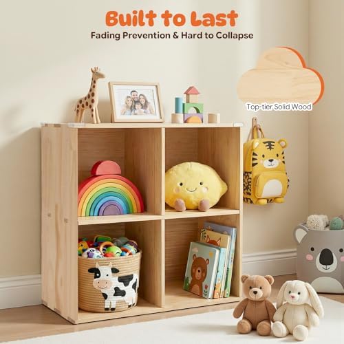 4-Cube Solid Wood Bookshelf, 2-Tier Semi-Open Storage Organizer