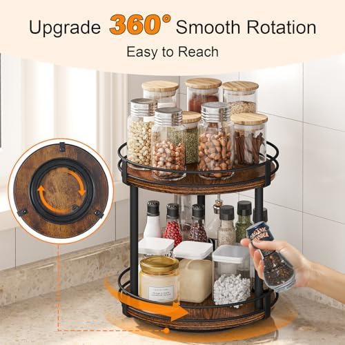 Snughome Rotating Spice Rack, 2 Tier Lazy Susan Organizer, Wood Kitchen Countertop Organizer, Brown Lazy Susan Turntable