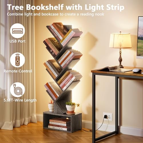 Hoctieon 6 Tier Tree Bookshelf with LED Lights, Small Bookcase, Freestanding Book Shelf, Display Floor Standing Storage 
