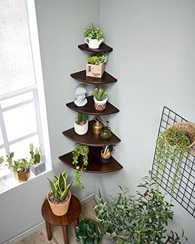 Corner Shelf,12inch Walnut Solid Wood Floating Corner Shelves Wall Mount Round End Floating Speaker Rack with Wire Hole 