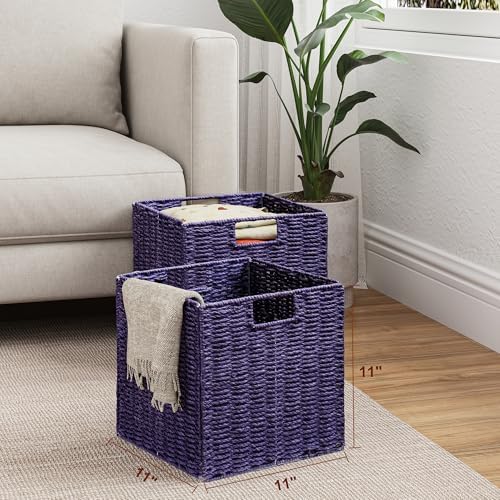 Vagusicc Wicker Storage Basket, Set of 2 Hand-Woven Wicker Basket, 11 inch Storage Basket, Foldable Cube Storage Organiz